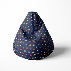Front image of a beanbag with navy background and colorful retro gaming icons.
