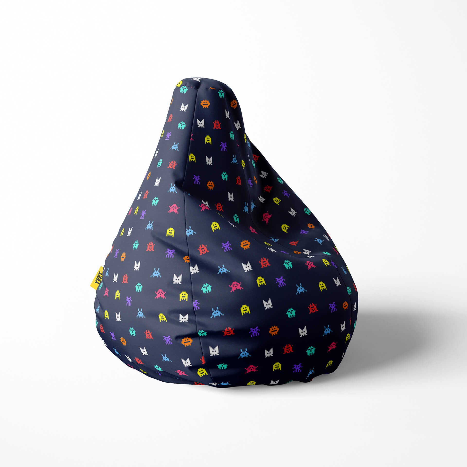 Right image of a beanbag with navy background and colorful retro gaming icons.