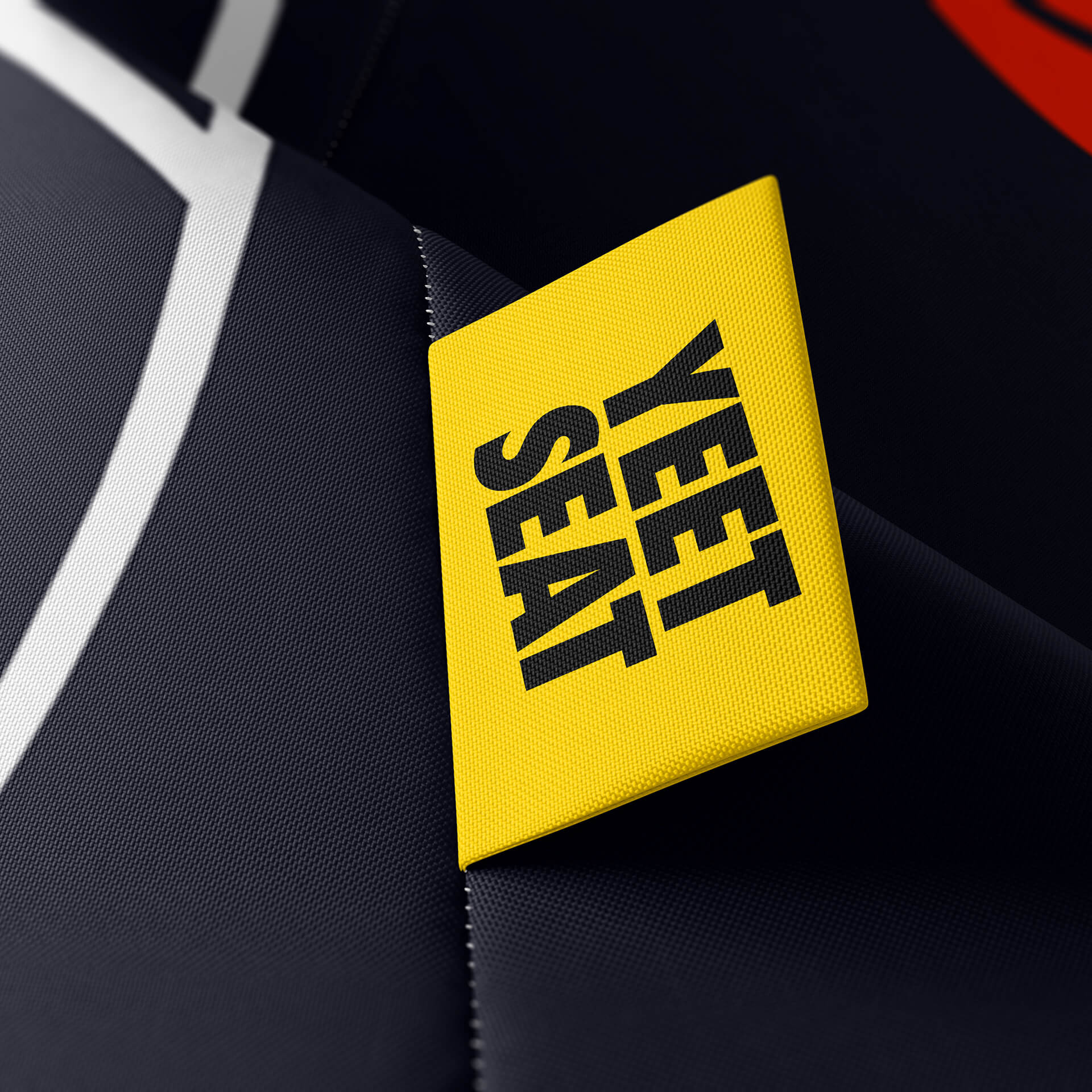 A vibrant Yeet Seat label on a bean bag side