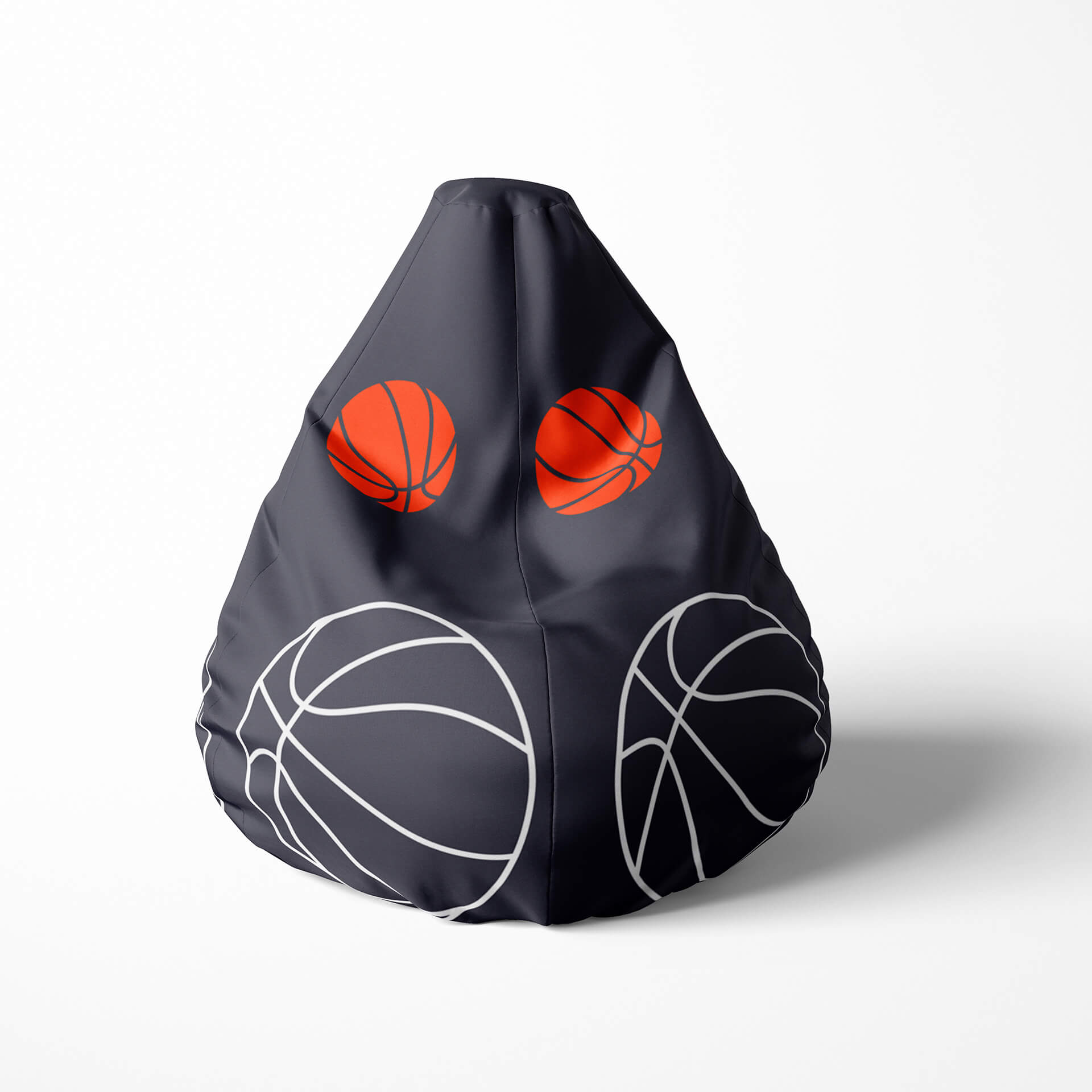 Front image of a beanbag with basketball designs on a dark background