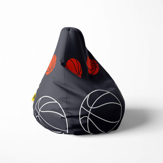 Right image of a beanbag with basketball designs on a dark background