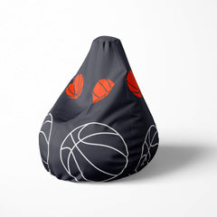 Left image of a beanbag with basketball designs on a dark background