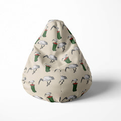 A front image of a beanbag with ibis and bin pattern on beige