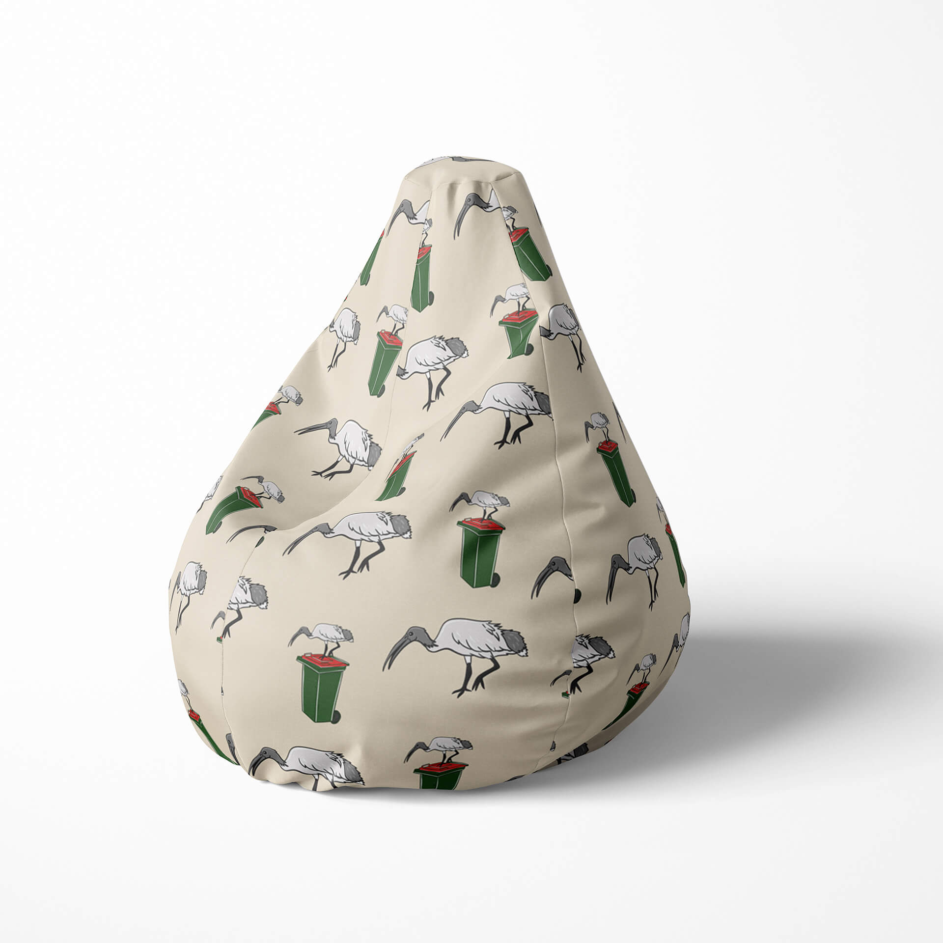 A left image of a beanbag with ibis and bin pattern on beige
