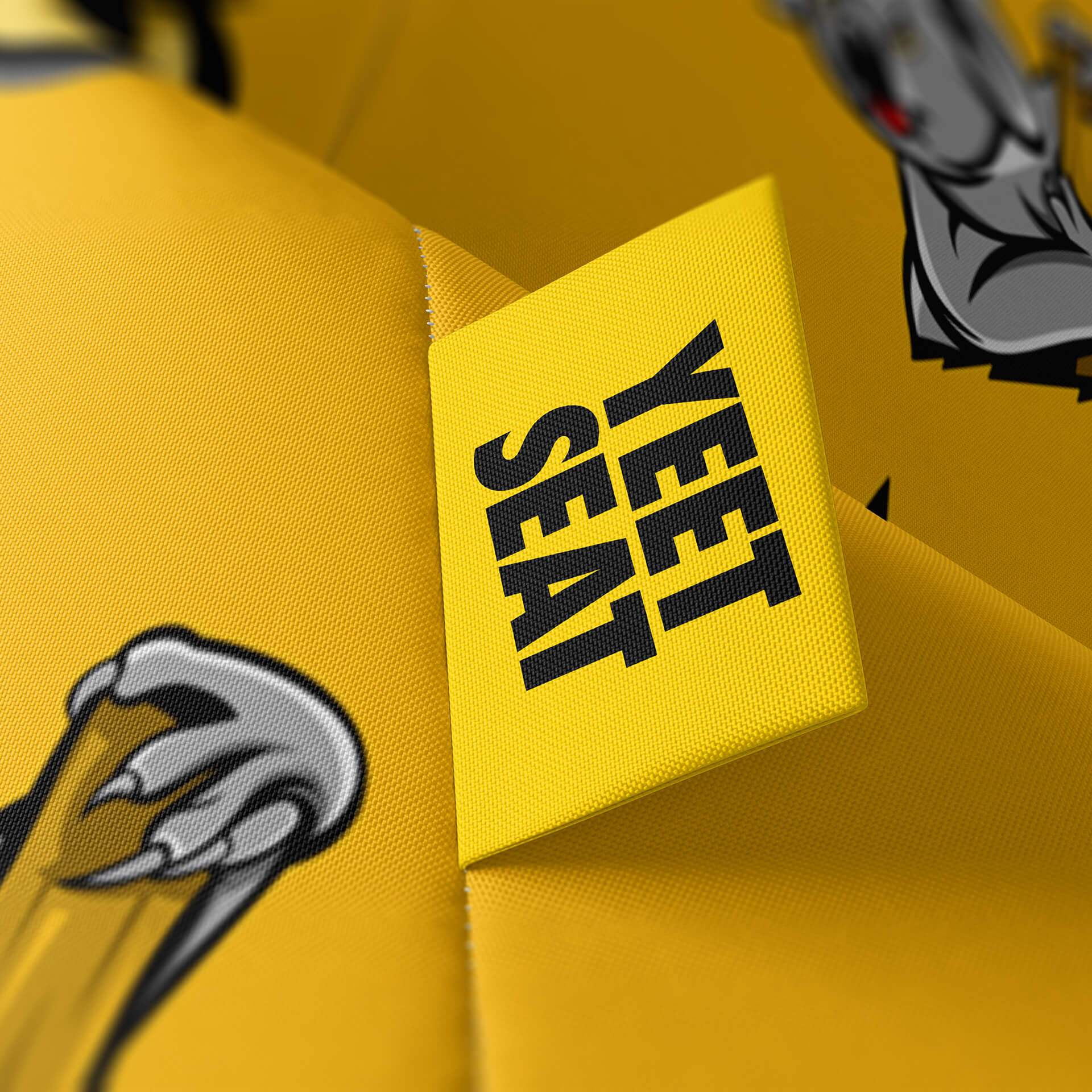 A vibrant Yeet Seat label on a bean bag side.