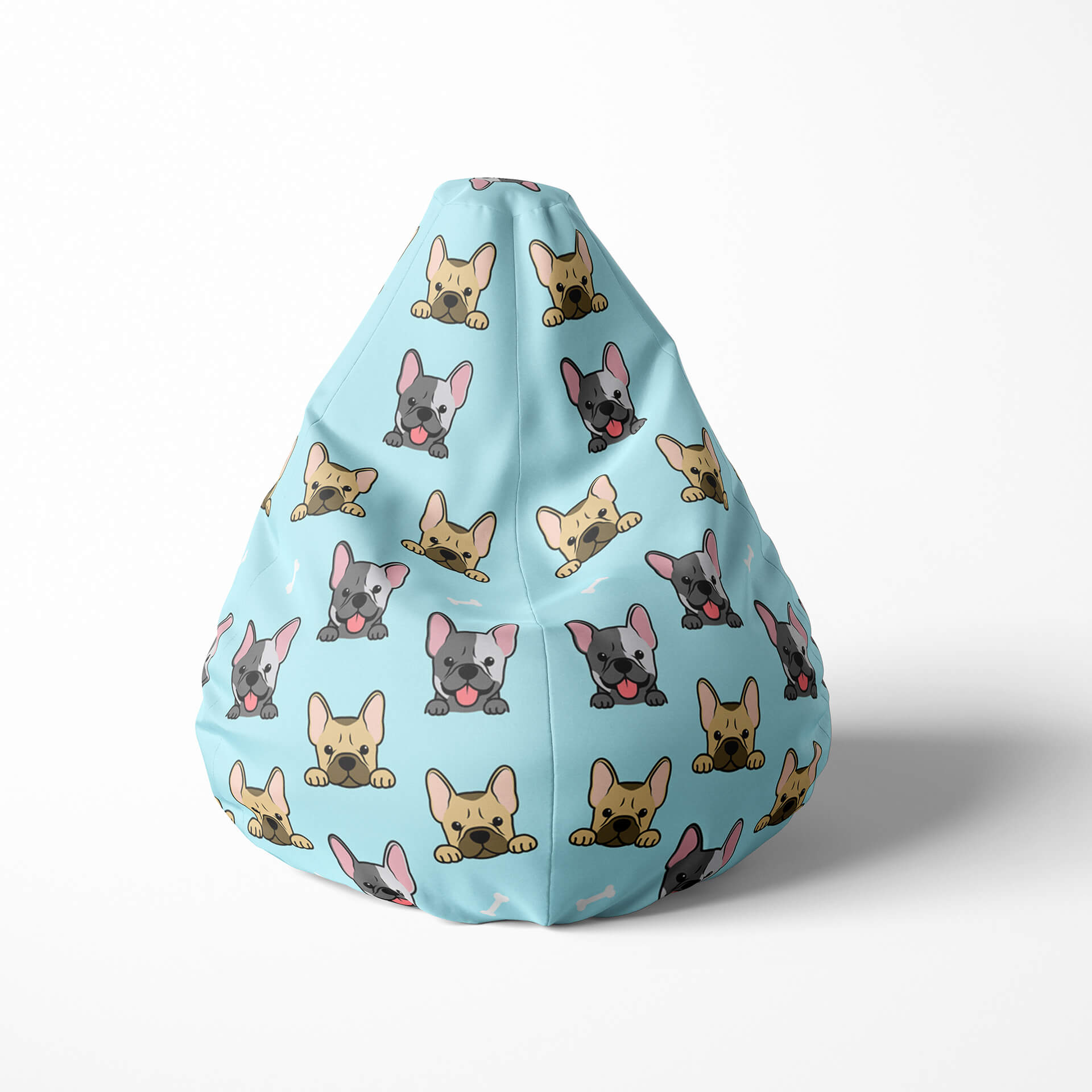 Front image of a beanbag with French bulldogs on light blue.