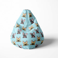 Front image of a beanbag with French bulldogs on light blue.
