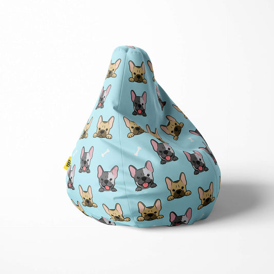 Right image of a beanbag with French bulldogs on light blue.