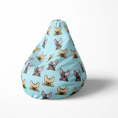 Left image of a beanbag with French bulldogs on light blue.