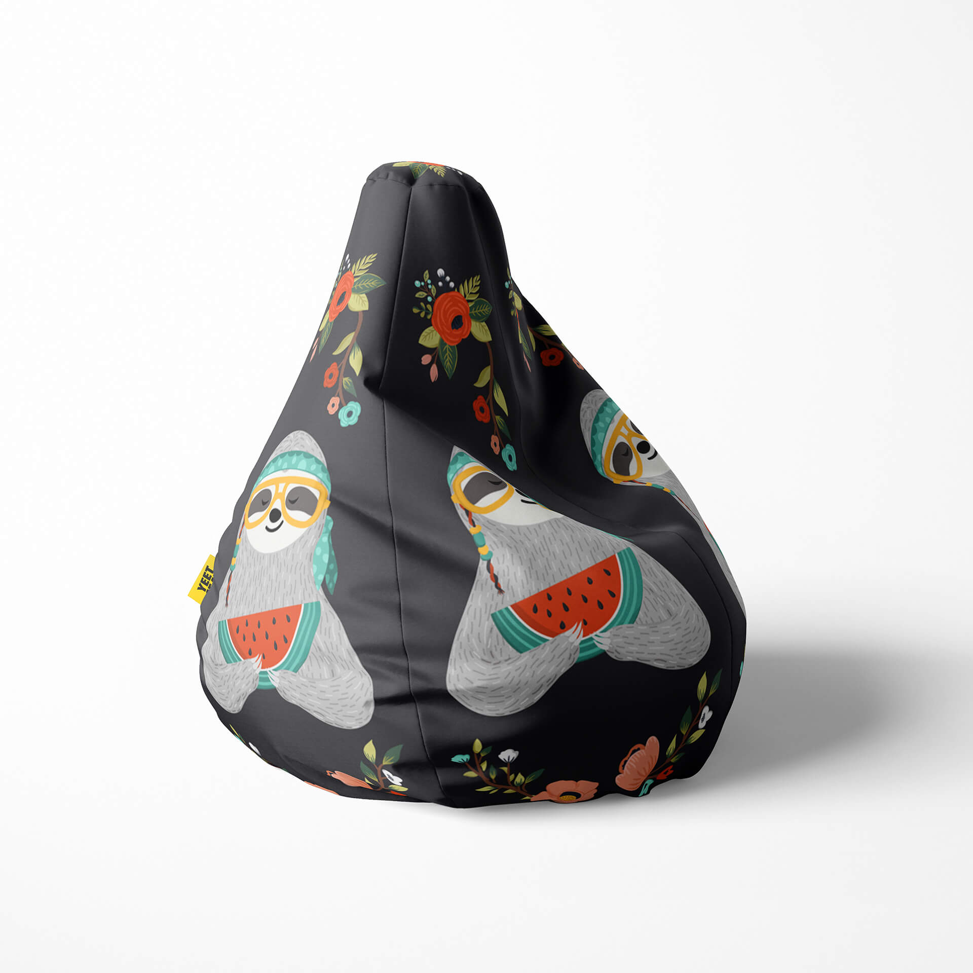 Right image of a beanbag with sloths holding watermelon and floral patterns on black.