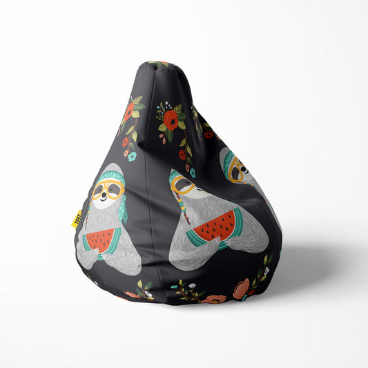 Right image of a beanbag with sloths holding watermelon and floral patterns on black.
