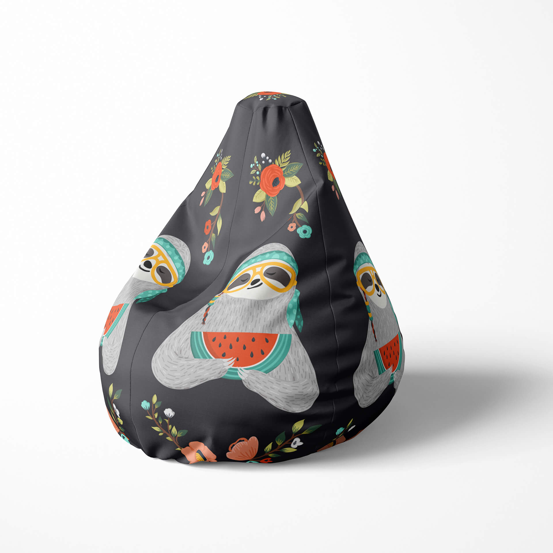 Left image of a beanbag with sloths holding watermelon and floral patterns on black.