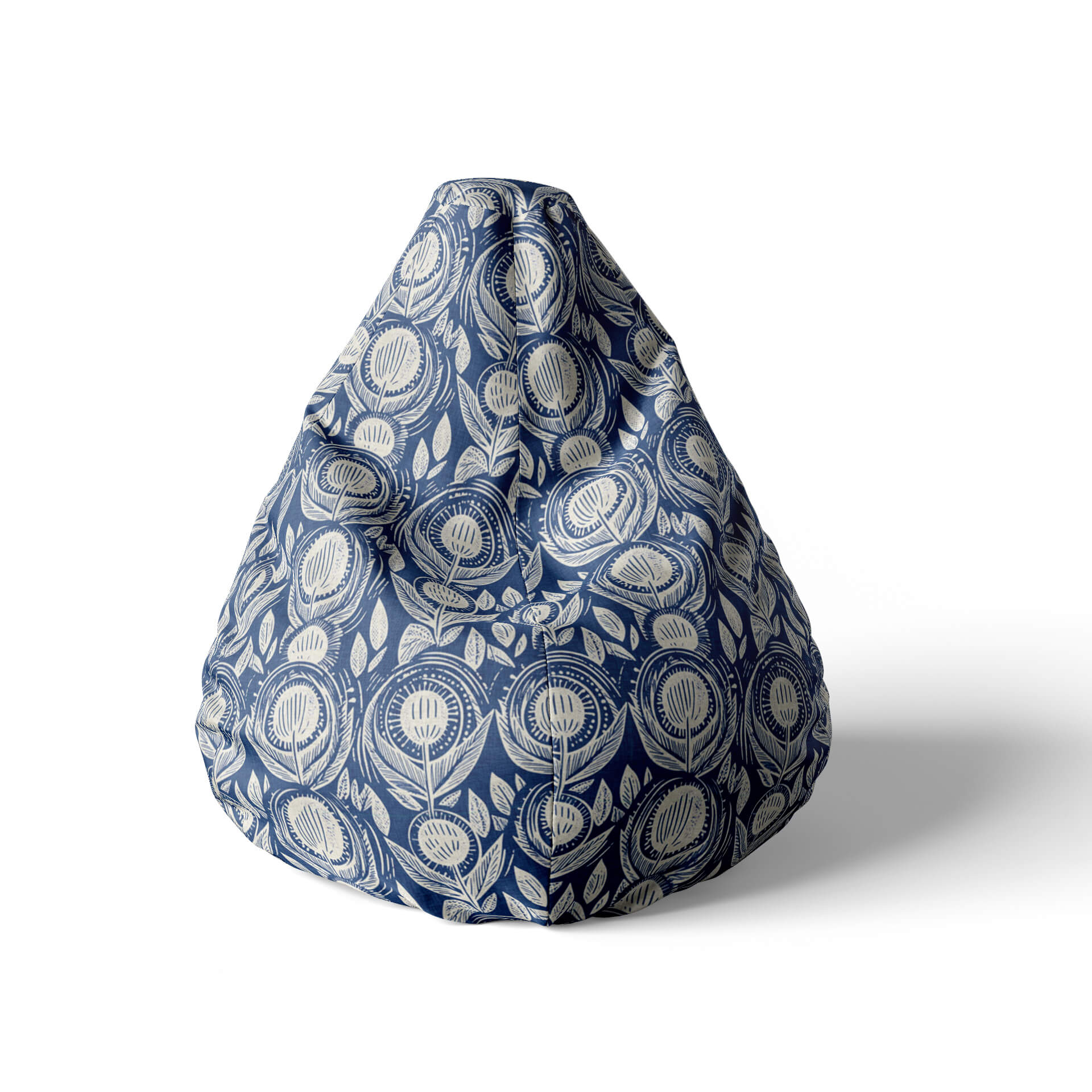 A front view image of a navy floral patterned beanbag on a white background