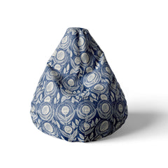 A front view image of a navy floral patterned beanbag on a white background