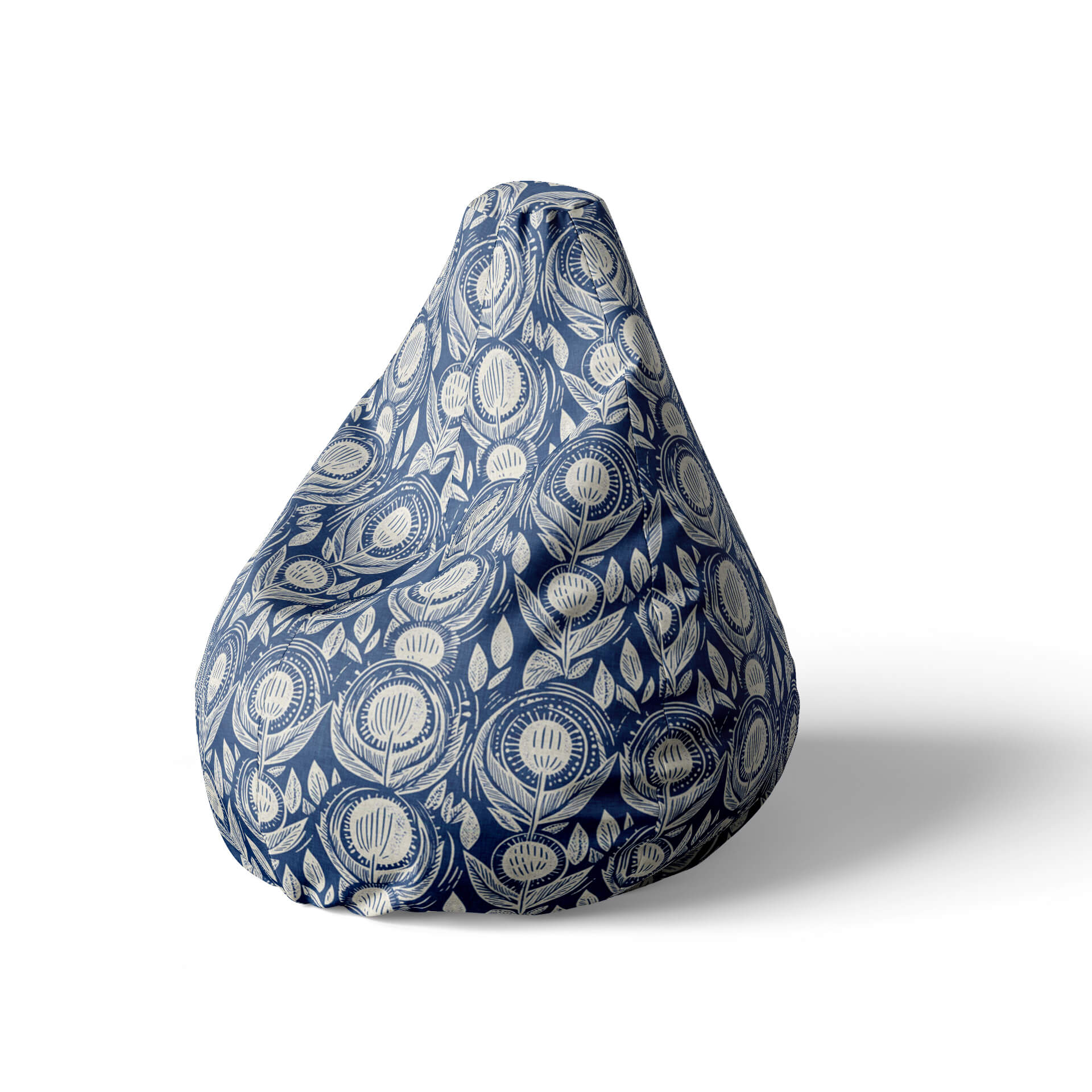 A left side image of a navy floral patterned beanbag on a white background