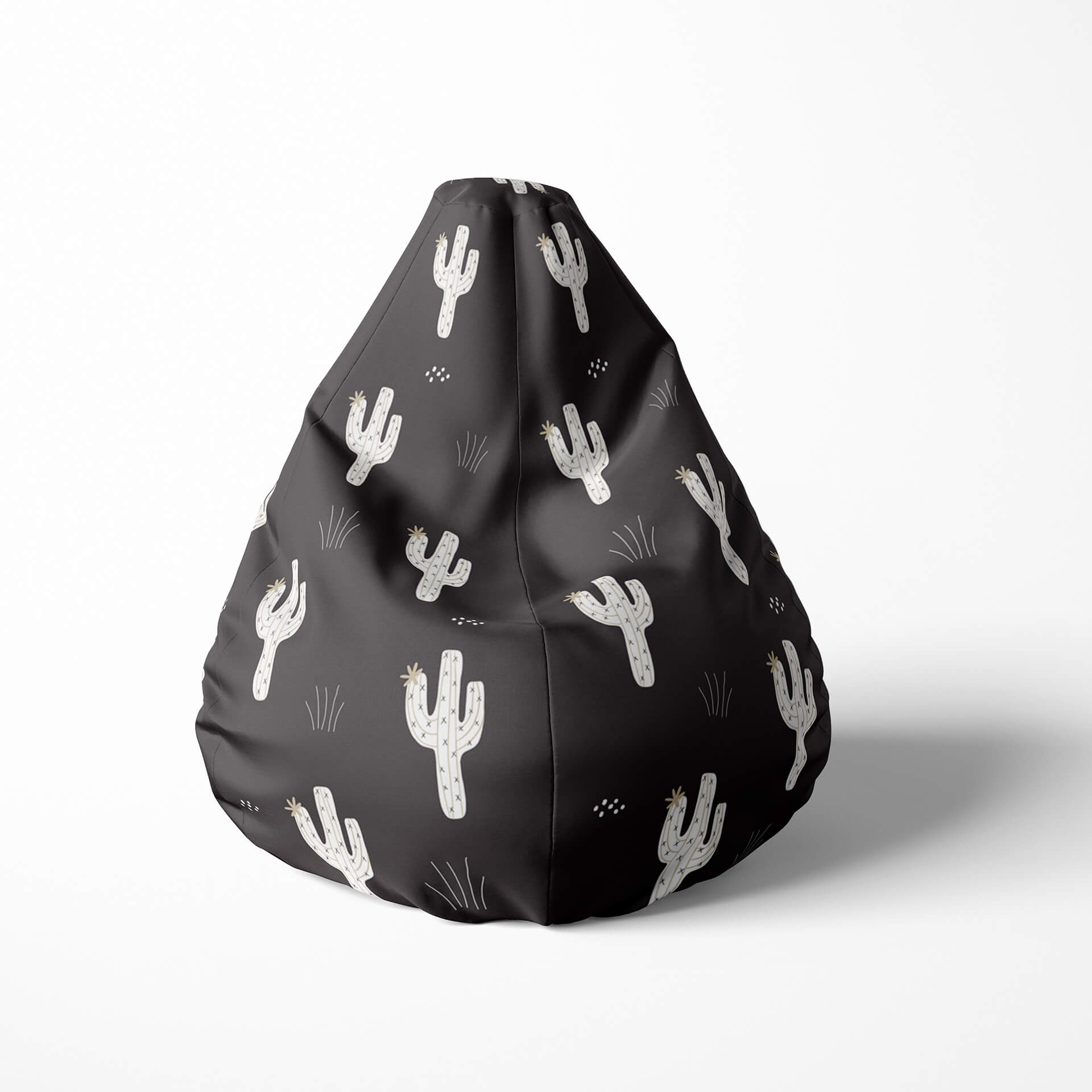 Front image of a beanbag with black background and white cactus illustrations.