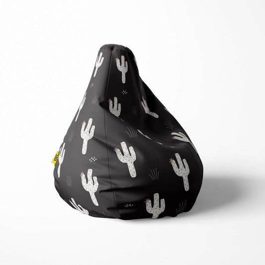 Right image of a beanbag with black background and white cactus illustrations.