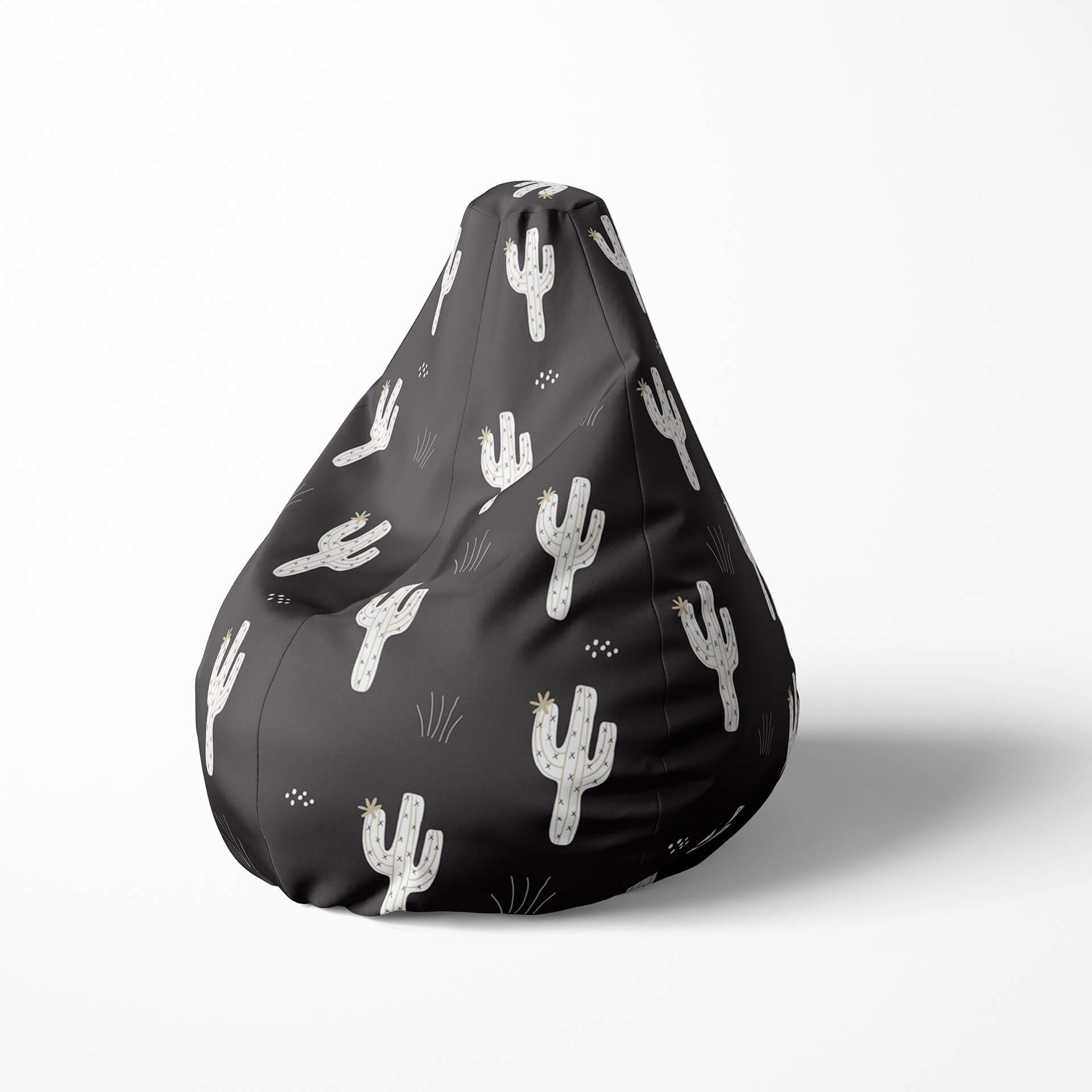 Left image of a beanbag with black background and white cactus illustrations.