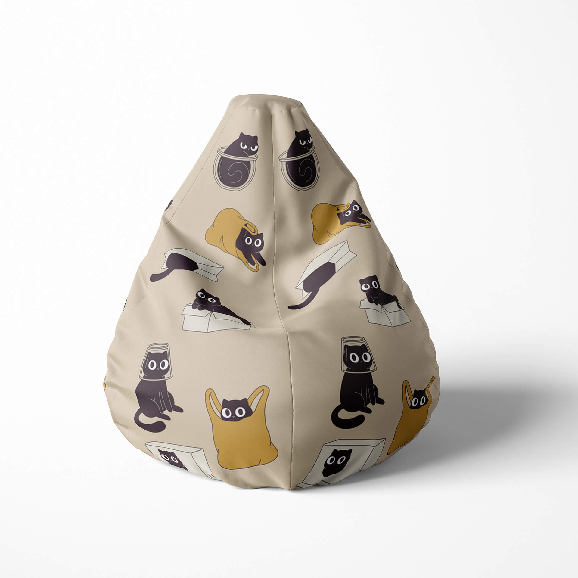 A front image of a black cat in the box beanbag on a white background