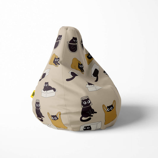 A right side image of a black cat in the box beanbag on a white background