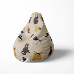A left side image of a black cat in the box beanbag on a white background