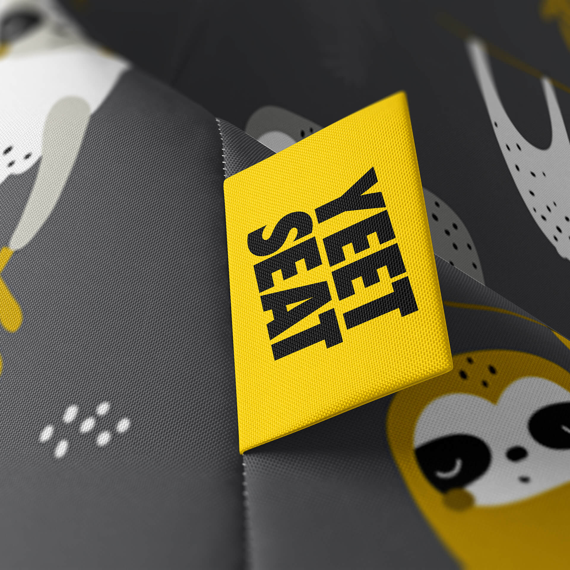 A vibrant Yeet Seat label on a bean bag side.