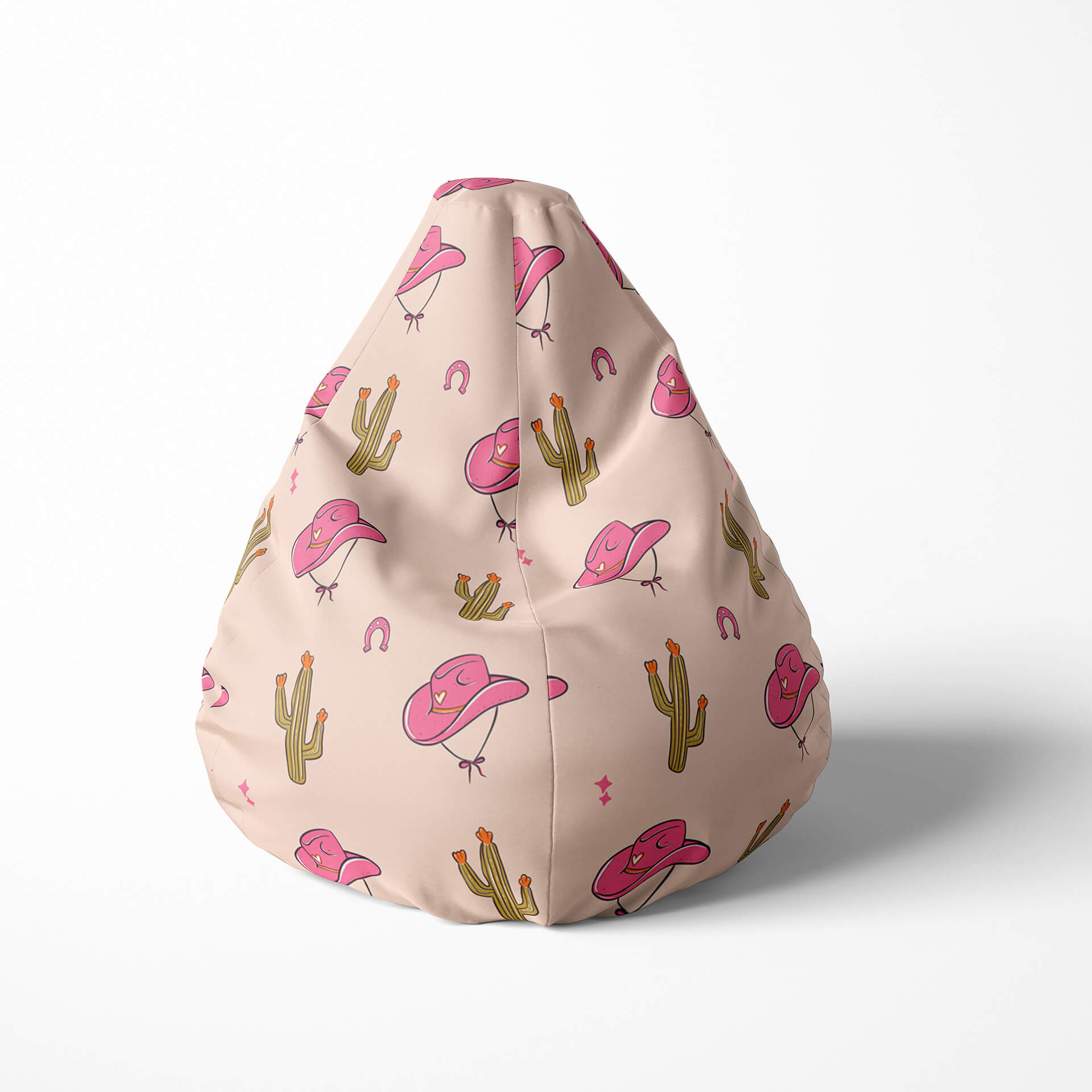 A front image of a beanbag with a pink cowboy hat and cactus pattern on beige