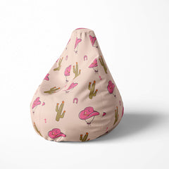 A left image of a beanbag with a pink cowboy hat and cactus pattern on beige