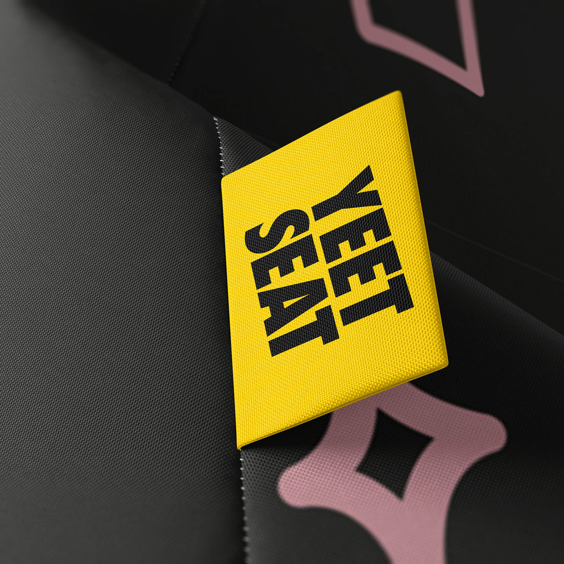 A vibrant Yeet Seat label on a bean bag side