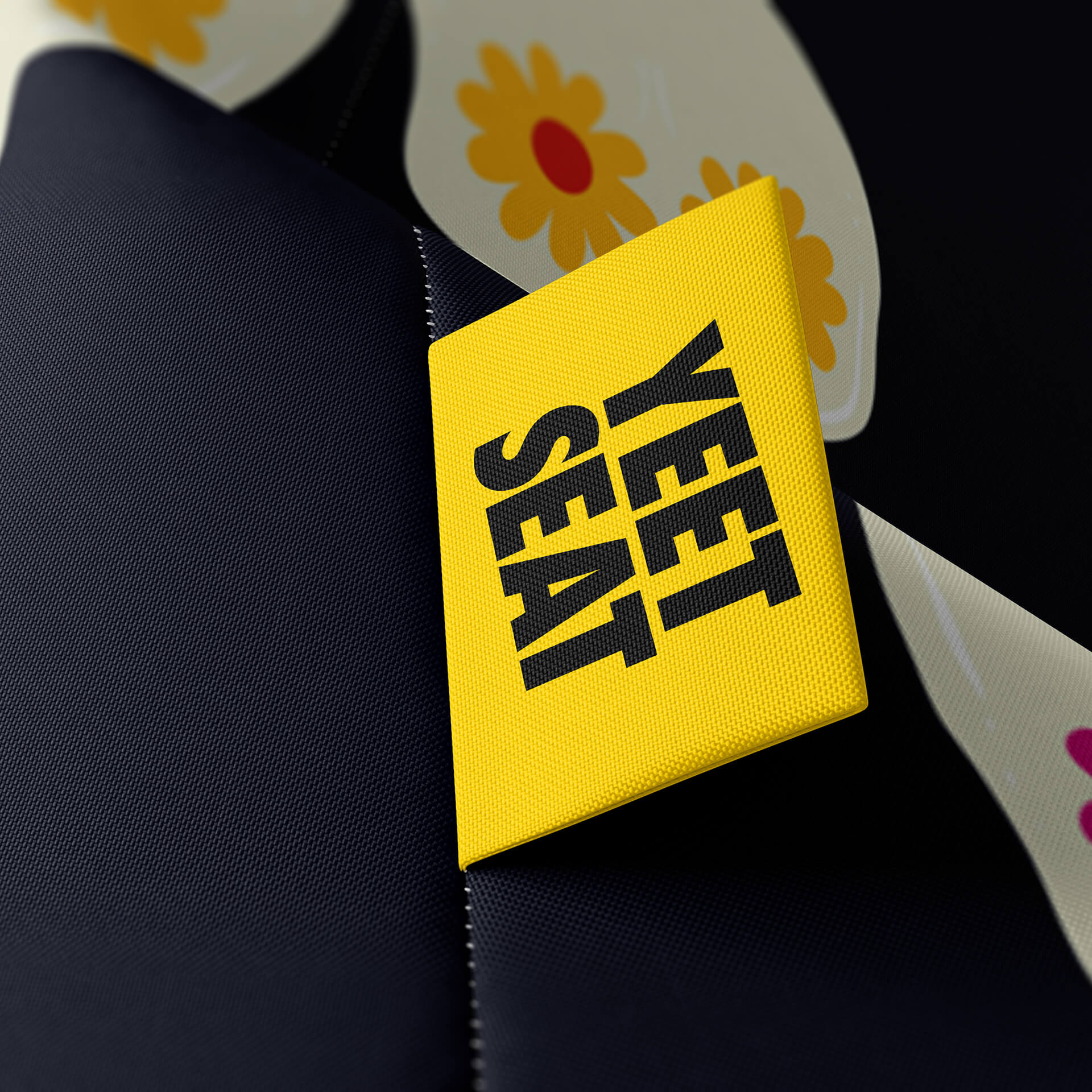 A vibrant Yeet Seat label on a bean bag side