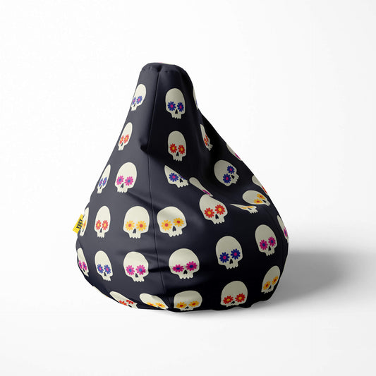 A right side image of a sugar skull beanbag on a white background