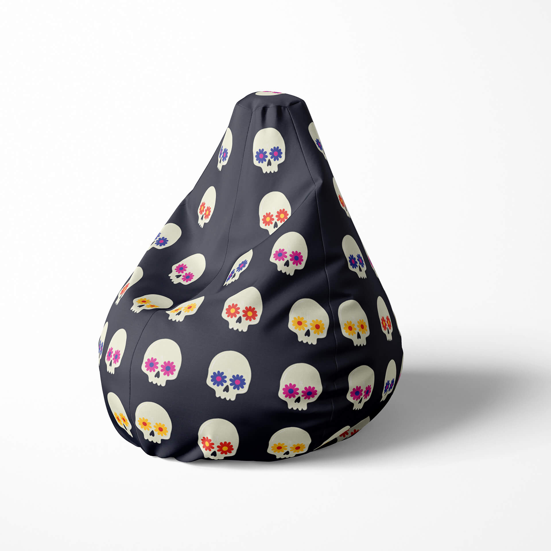 A left side image of a sugar skull beanbag on a white background