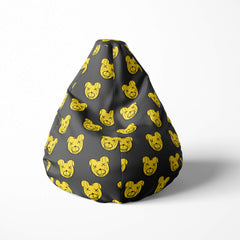 A front image of yellow and black bear beanbag on a white background