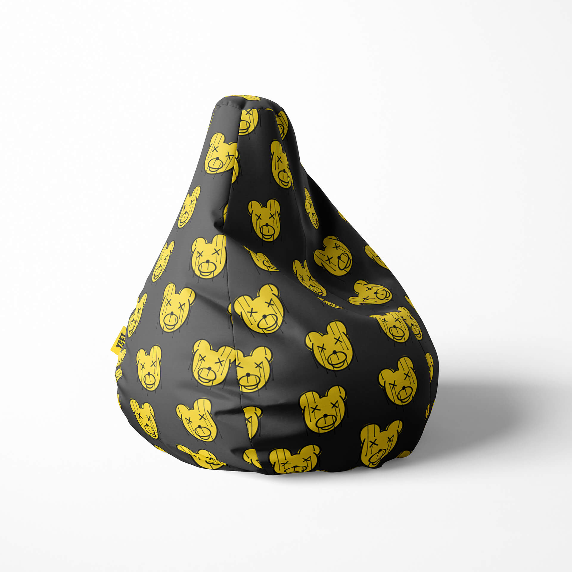 A right side image of yellow and black bear beanbag on a white background