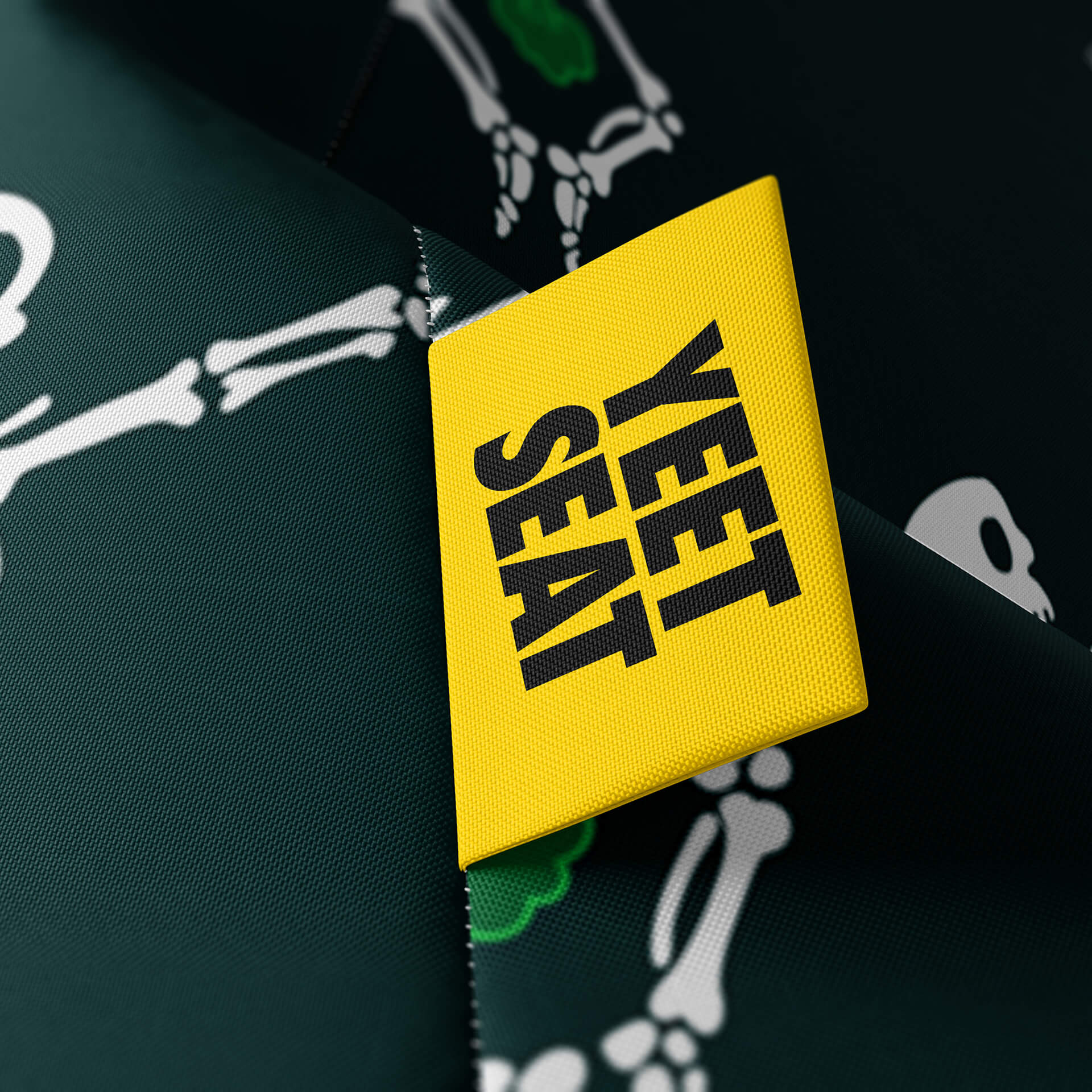A vibrant Yeet Seat label on a bean bag side
