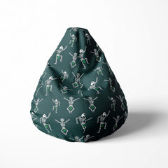 Front image of a beanbag with dancing skeletons and green details on a dark green background.