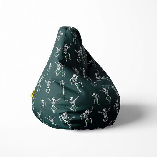 Right image of a beanbag with dancing skeletons and green details on a dark green background.