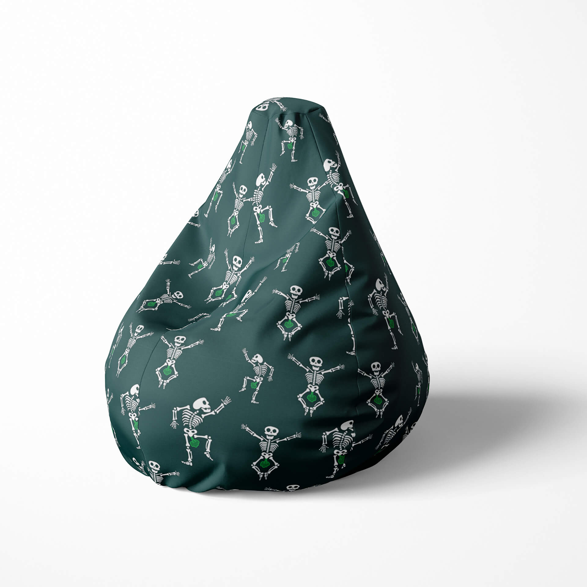 Left image of a beanbag with dancing skeletons and green details on a dark green background.