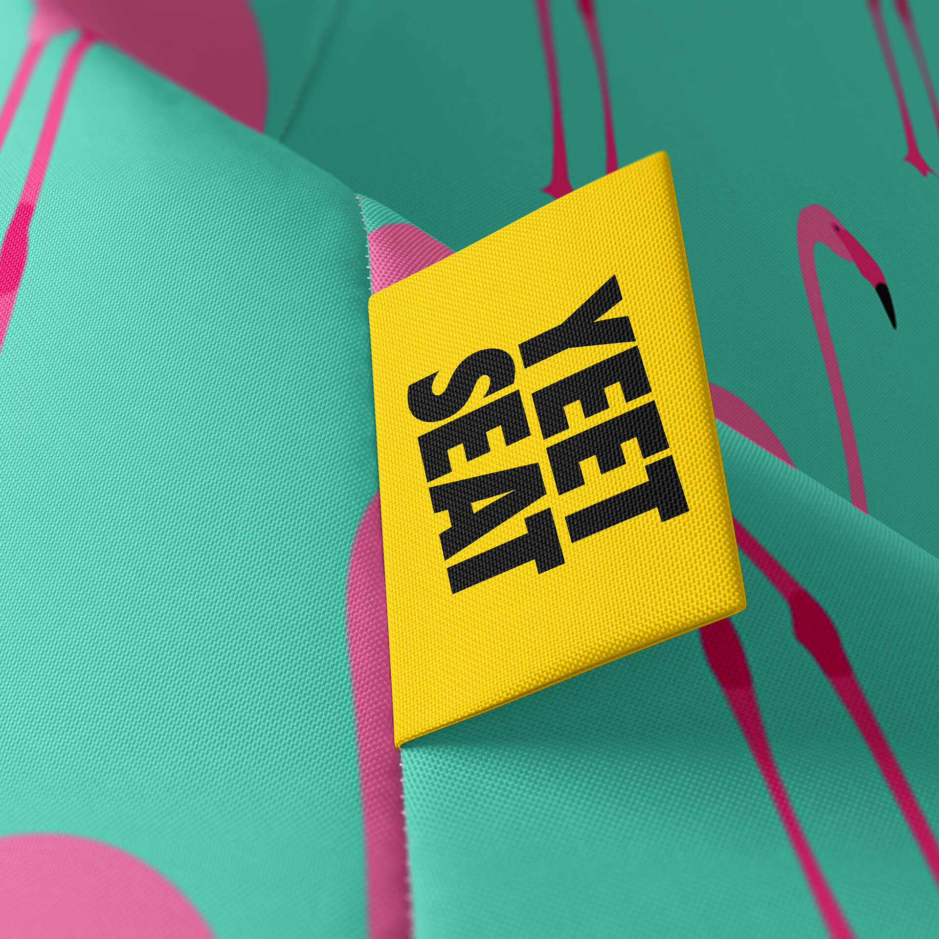 A vibrant Yeet Seat label on a bean bag side