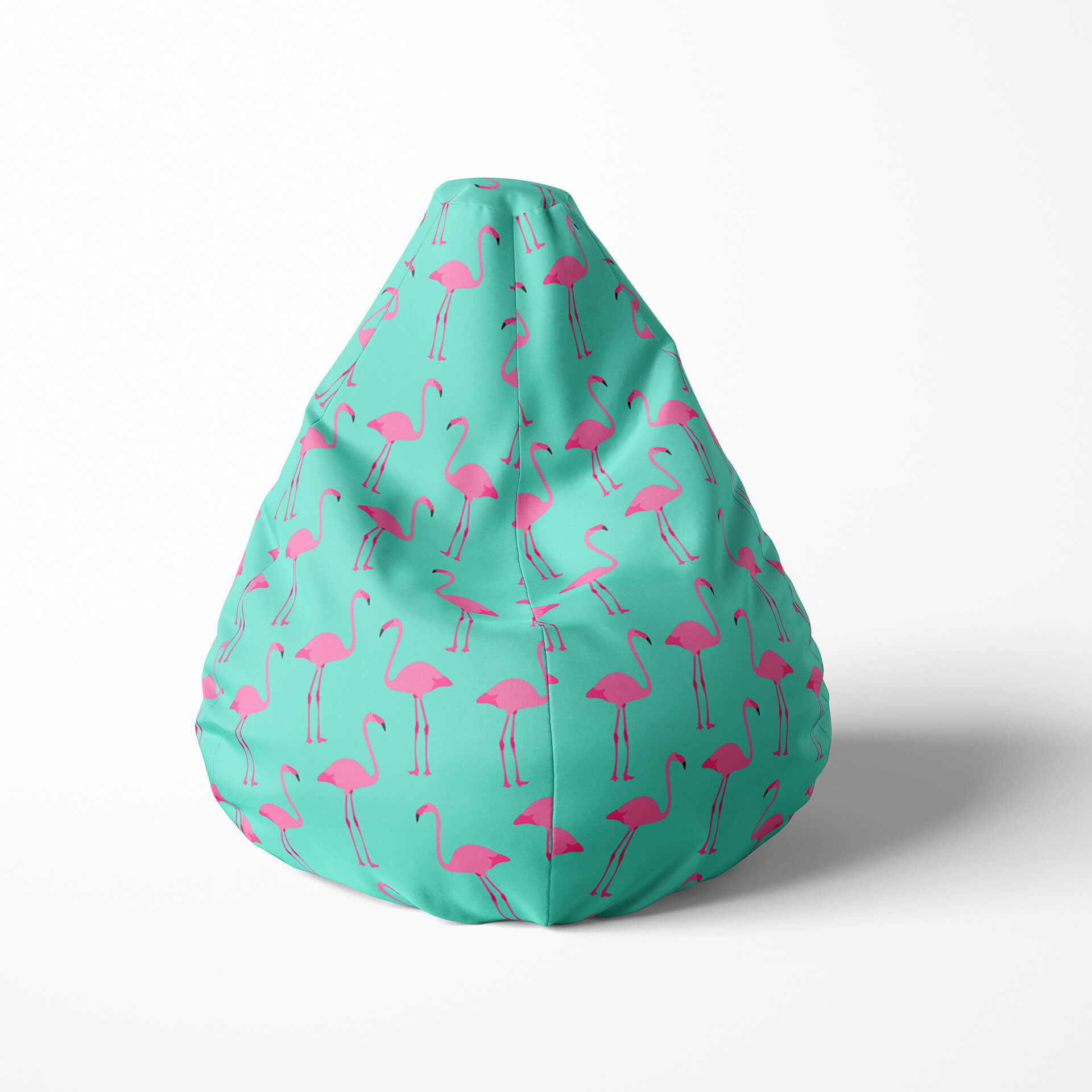 Front image of a beanbag with a teal background and pink flamingo pattern.