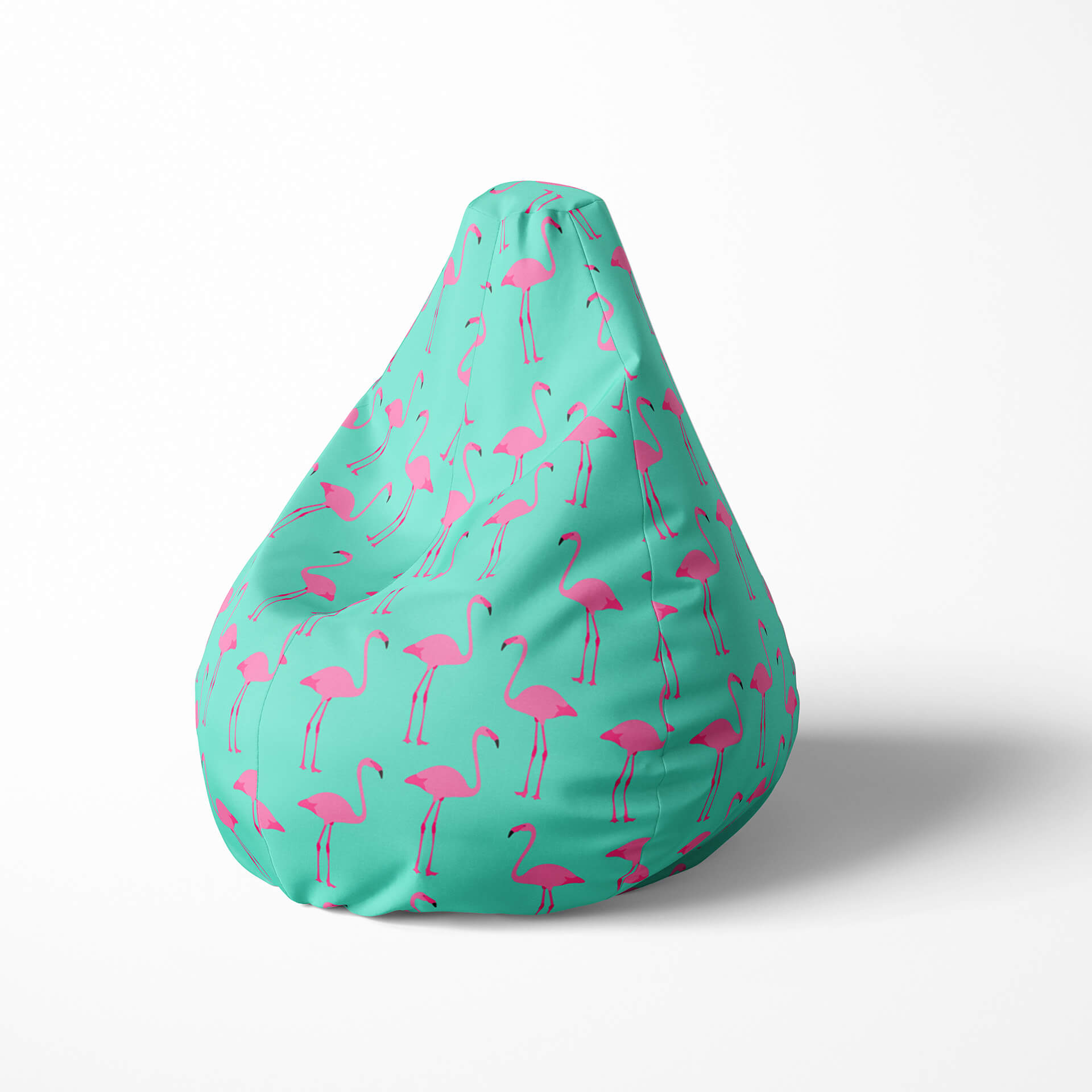 Right image of a beanbag with a teal background and pink flamingo pattern.