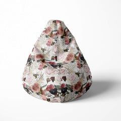 Front image of a beanbag with a vintage floral pattern featuring roses and ferns.