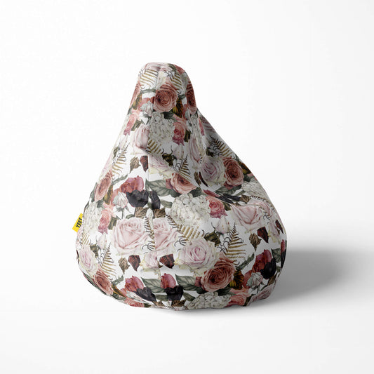 Right image of a beanbag with a vintage floral pattern featuring roses and ferns.