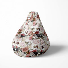Left image of a beanbag with a vintage floral pattern featuring roses and ferns.