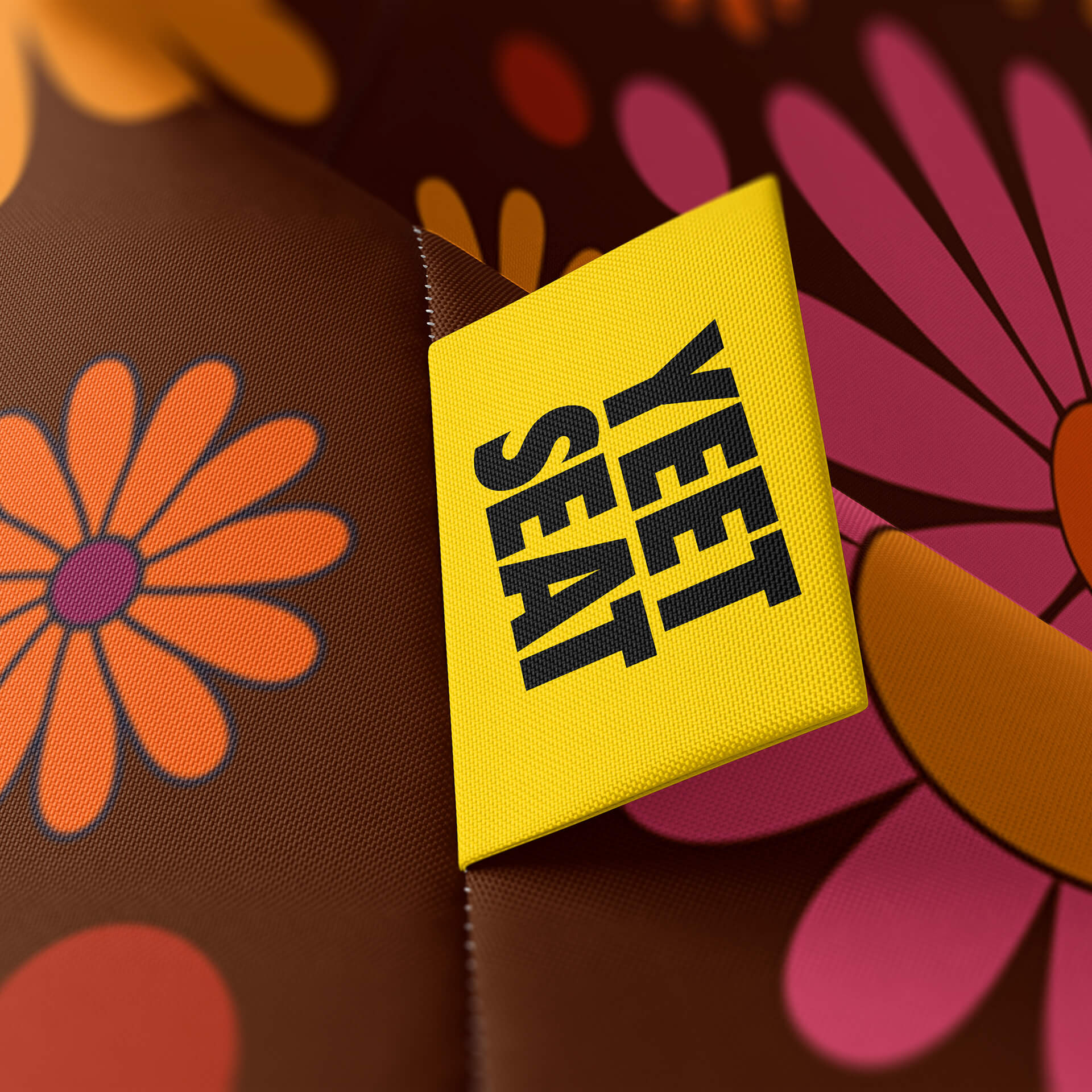 A vibrant Yeet Seat label on a bean bag side