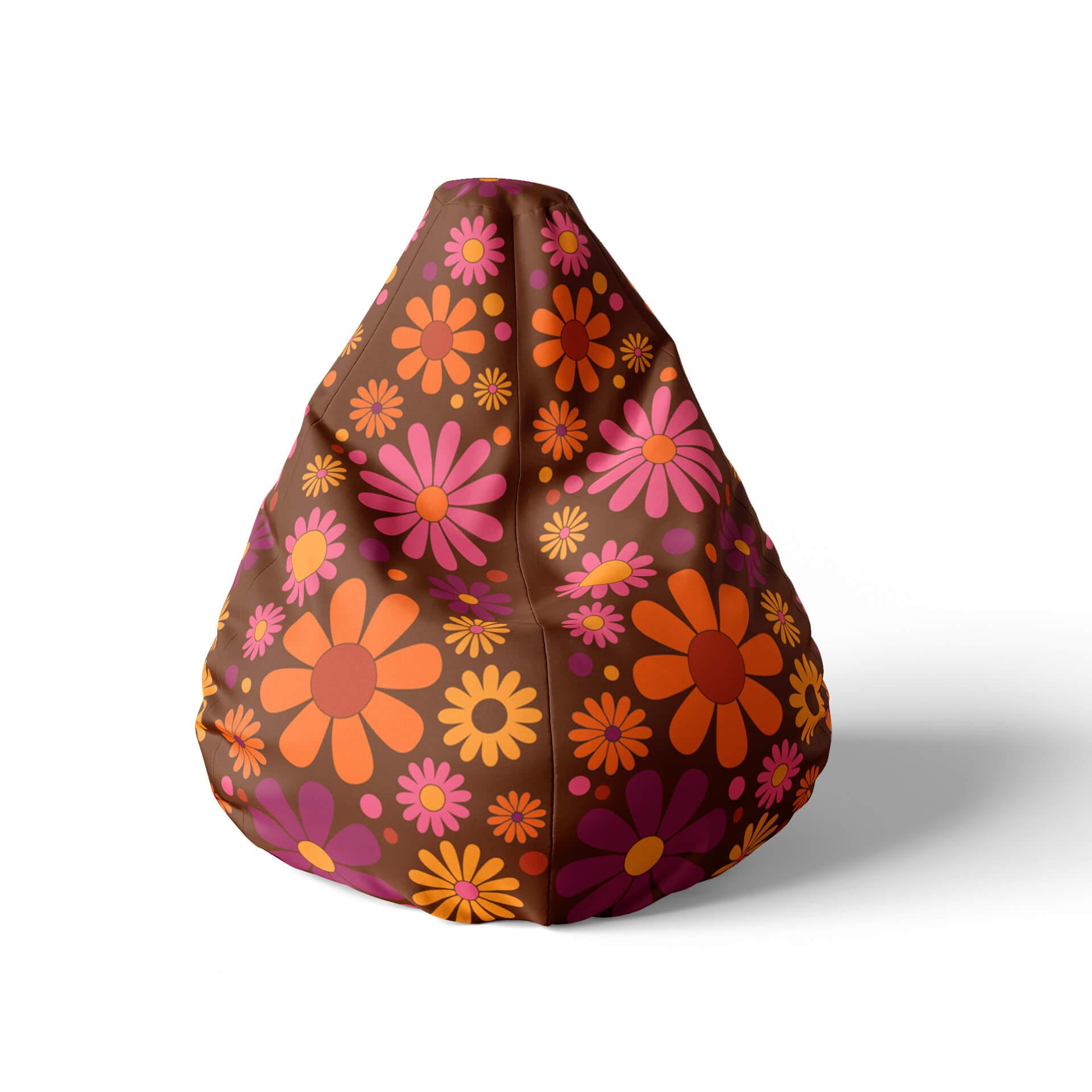 A front view image of a black floral beanbag on a white background