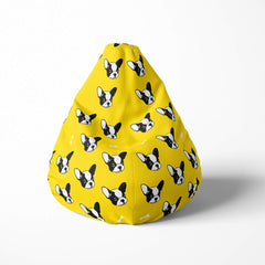 A front image of a beanbag with yellow background and Frech bulldog faces