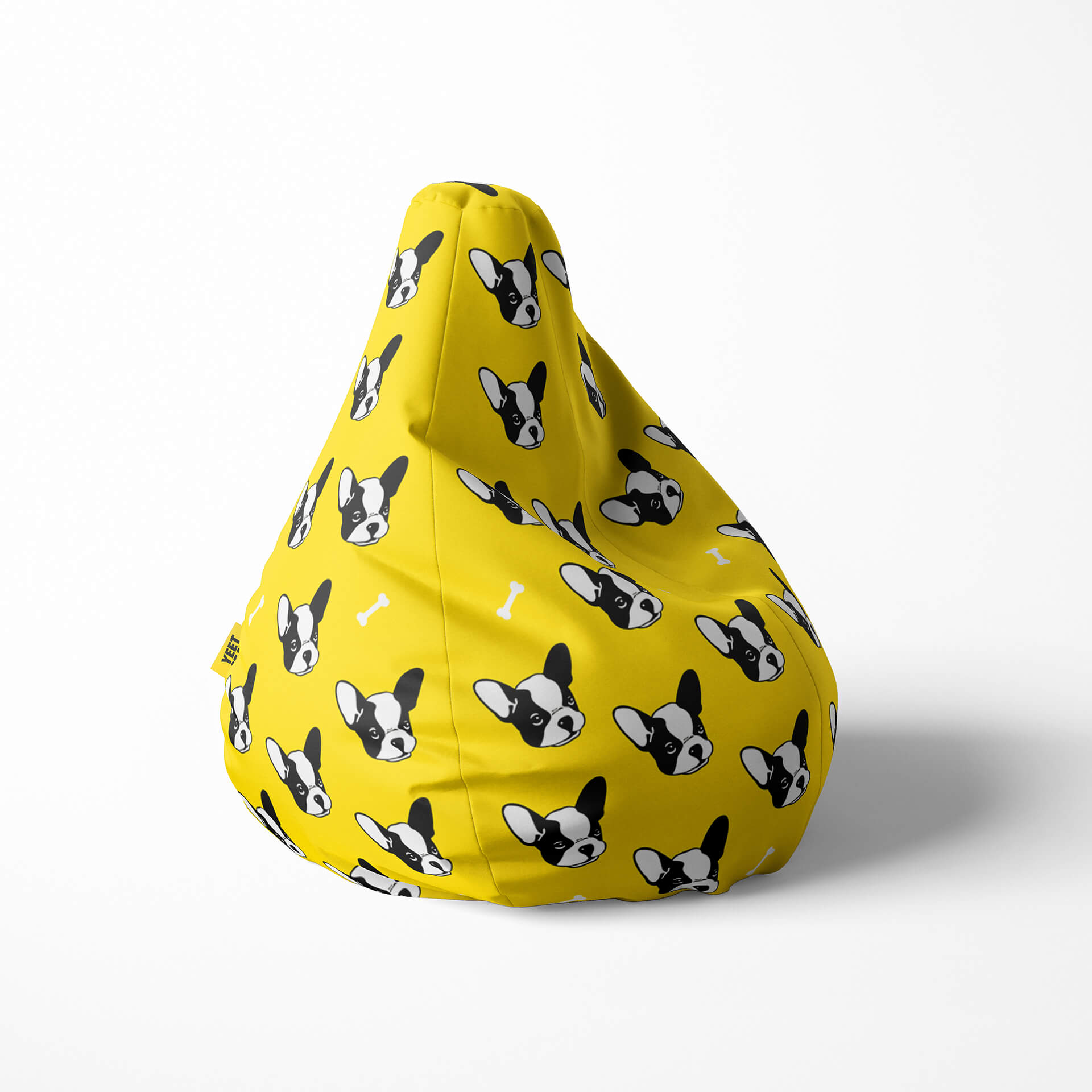 A side image of a beanbag with yellow background and Frech bulldog faces