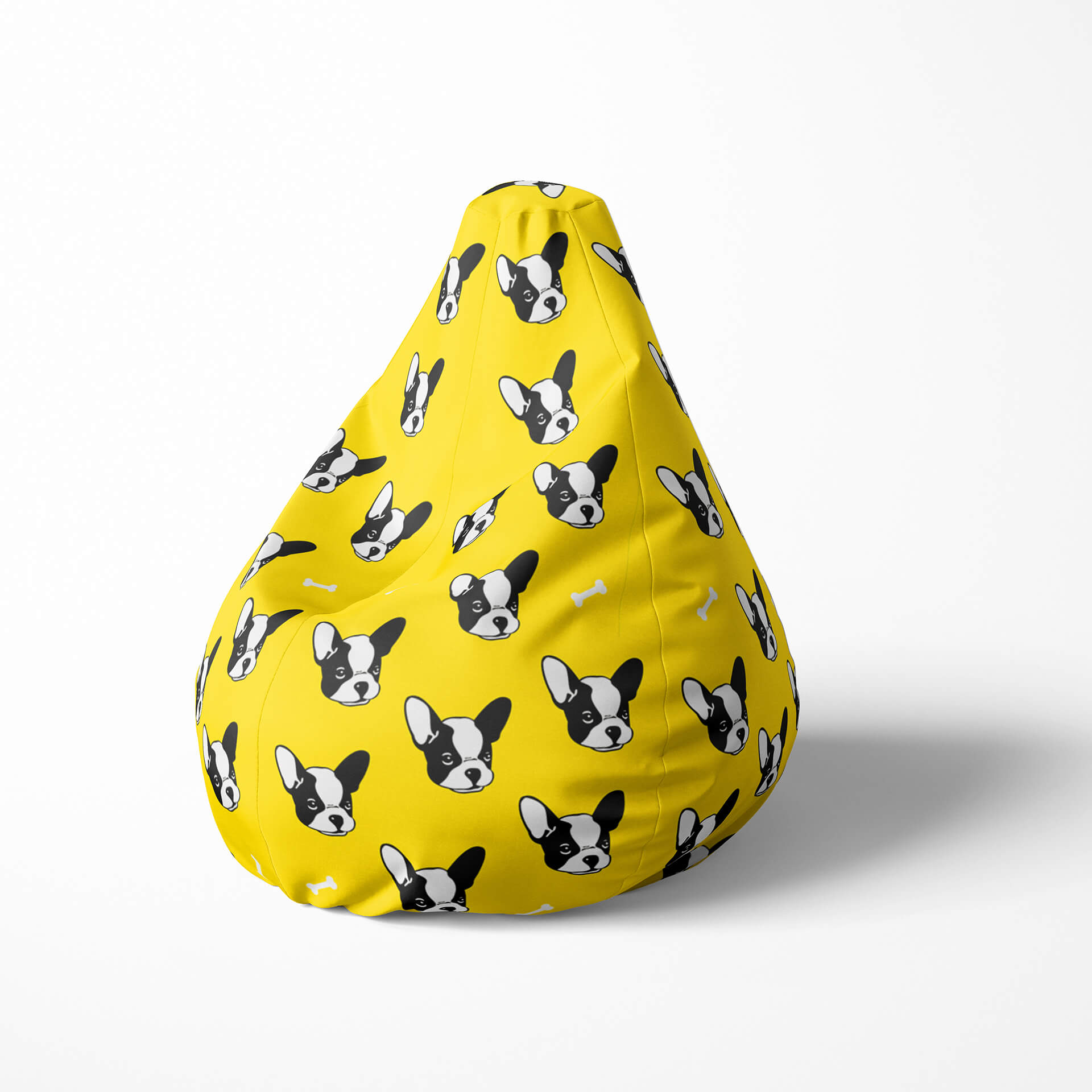 A left image of a beanbag with yellow background and Frech bulldog faces