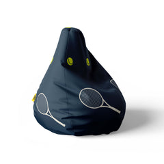 A right side image of a navy beanbag with tennis rackets and balls print on a white background.